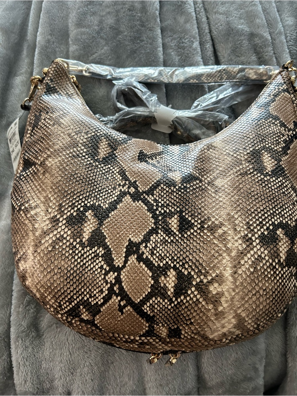Snake-Print Hobo Bag in Beige and Black